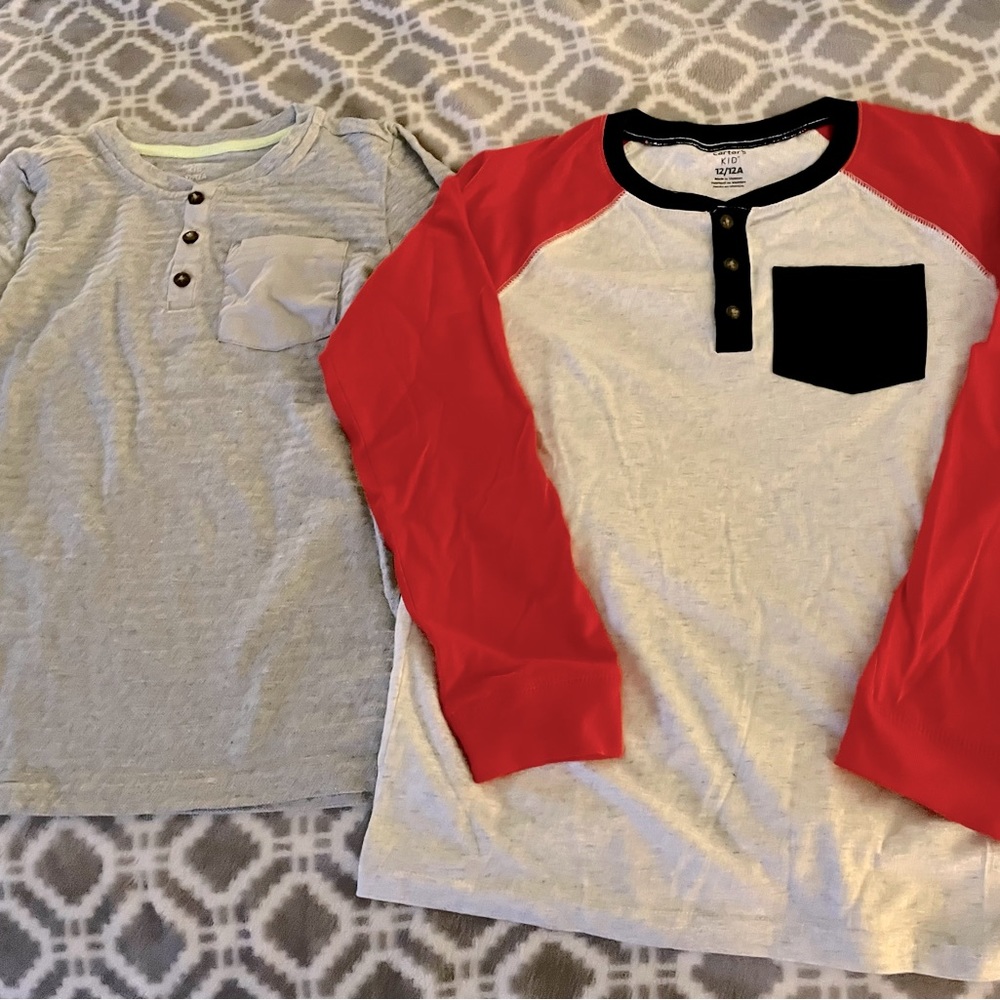 2 Boys Carter’s Henley Tops, Sz 12, EUC